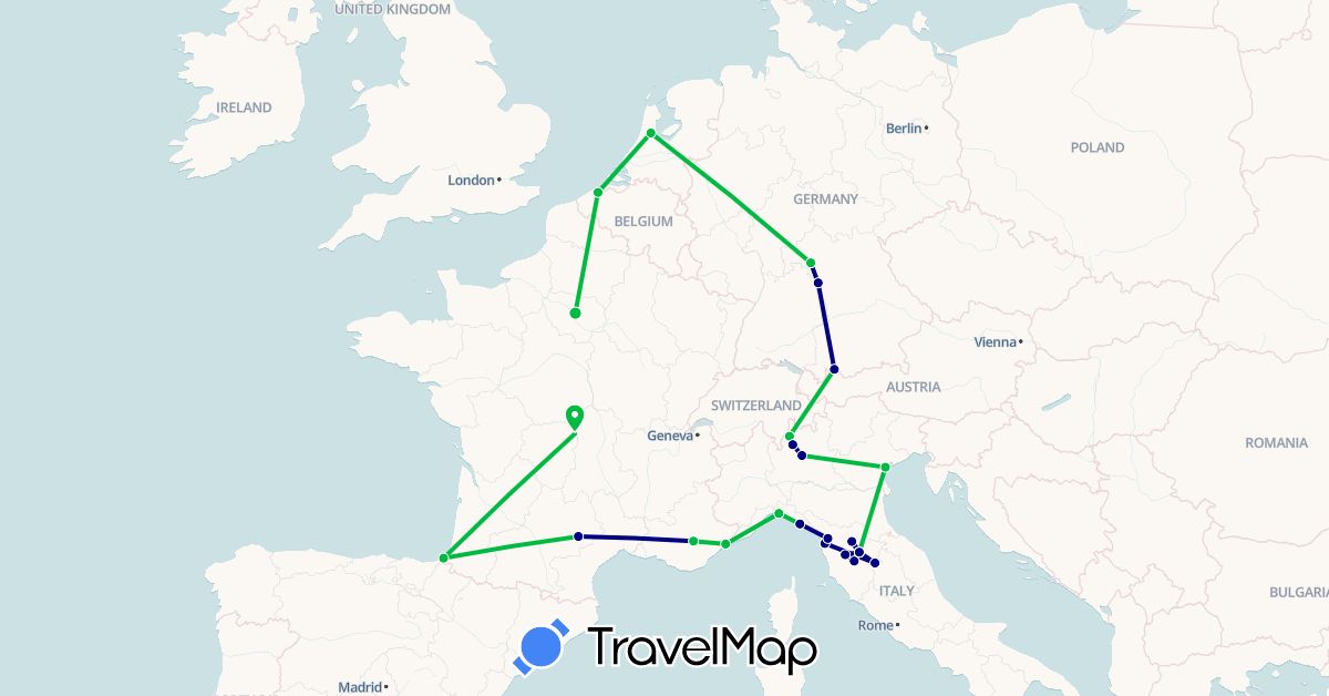 TravelMap itinerary: driving, bus in Belgium, Germany, France, Italy, Netherlands (Europe)